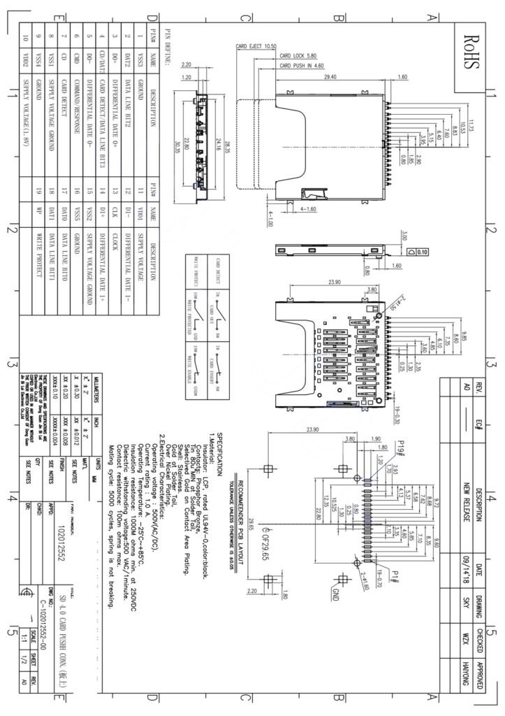 SD4.0 Top-Mount CONN Card Connector – GSC-SDC-0001 drawing