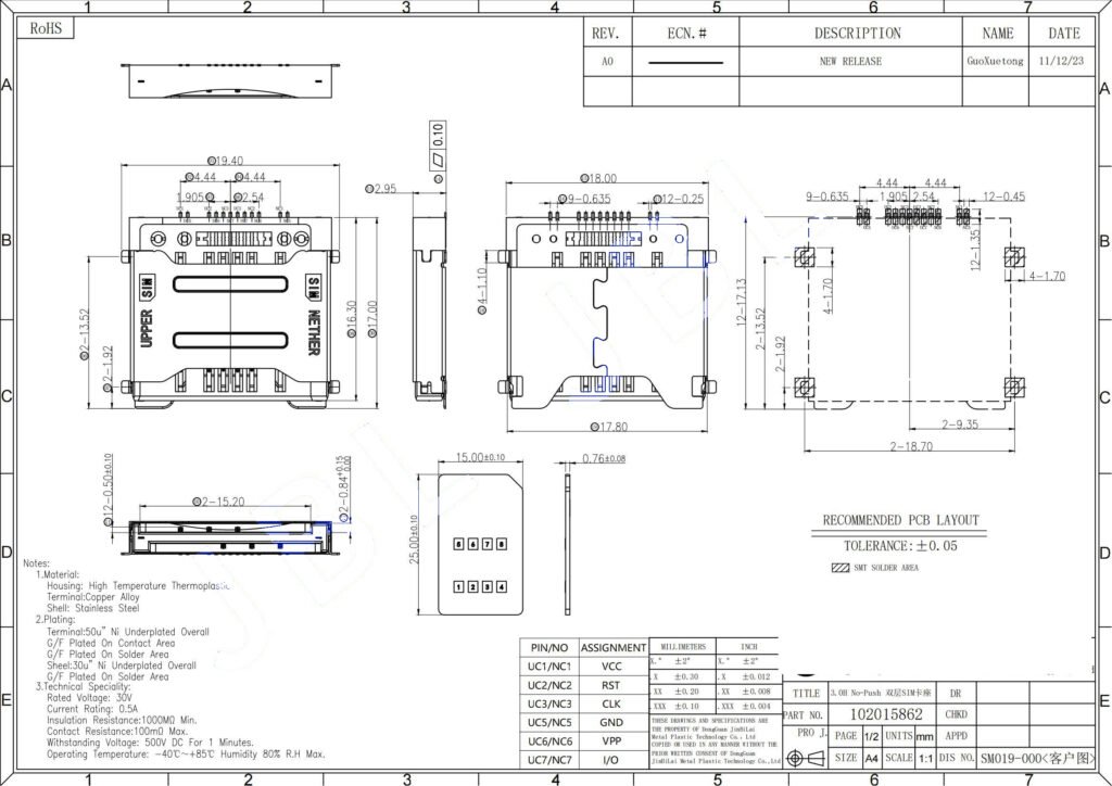 3.0H No-Push Dual-layer SIM Card Connector – GSC-SIM-0013 drawing