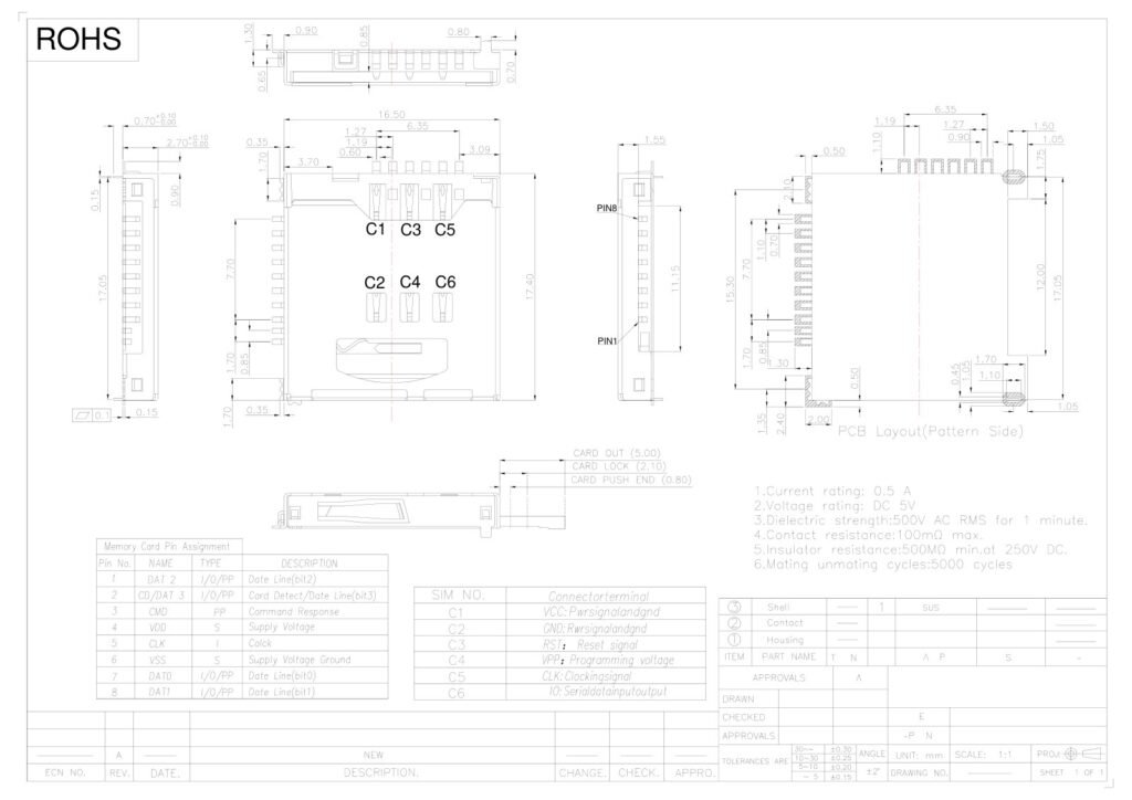 SMD SIM Card Holder SIM Card Socket – GSC-SIM-0038 drawing