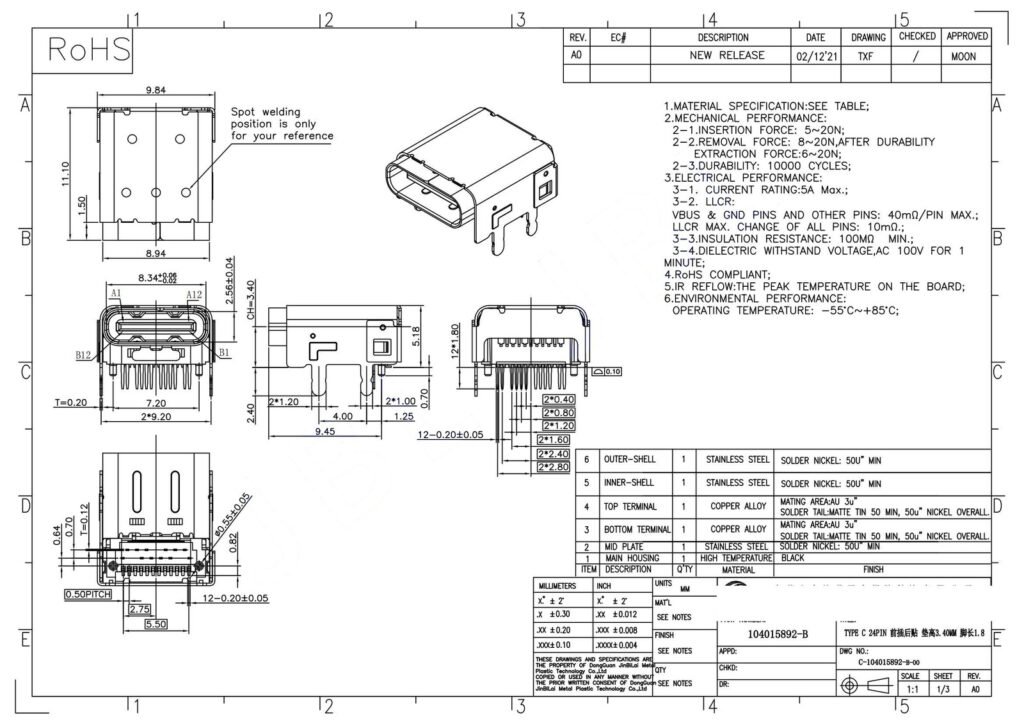 24pin USB TYPE-C FEMALE CONNECTOR CUSHION HEIGHT SMT – GSC-TYP-0012 drawing