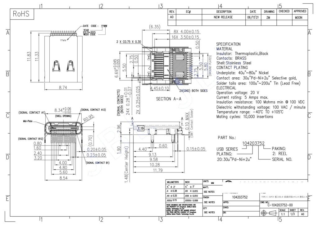 24pin USB3.1 TYPE-C FEMALE CONNECTOR TOP-MOUNT CONN SMD – GSC-TYP-0017 drawing