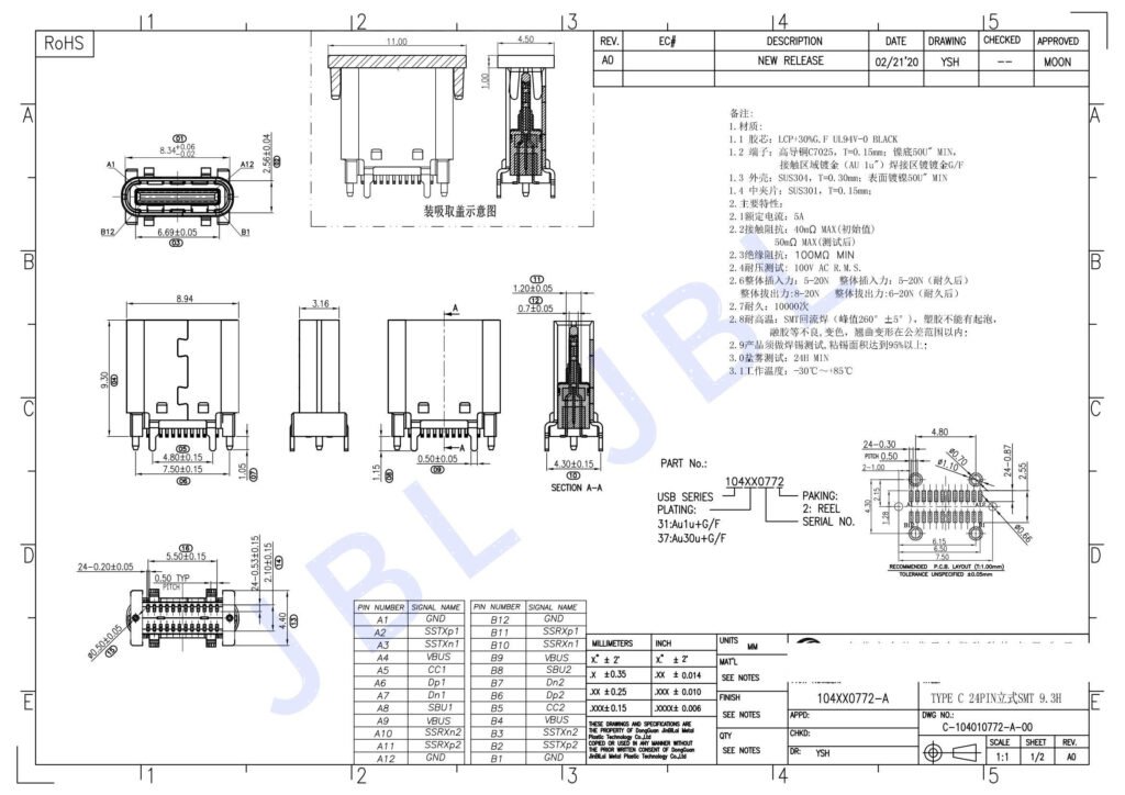24pin Vertical type USB3.0 TYPE-C FEMALE CONNECTOR SMT – GSC-TYP-0023 drawing