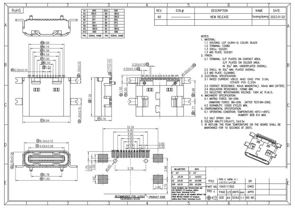 16pin USB TYPE-C FEMALE CONNECTOR SURFACE MOUNT CONN – GSC-TYP-0027 drawing