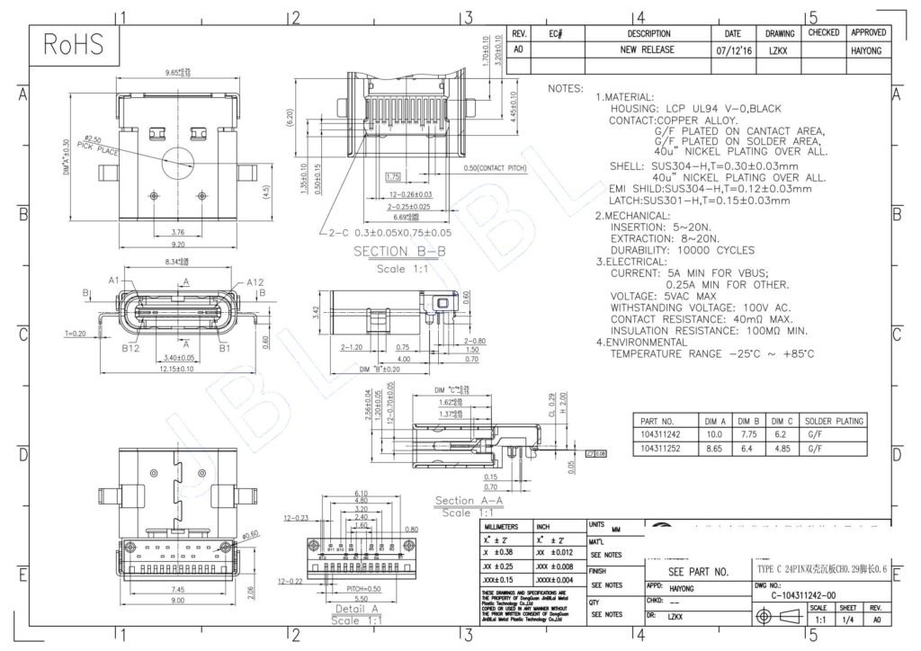 24pin THE PLATE END USB3.1 TYPE-C CONNECTOR SMD – GSC-TYP-0028 drawing
