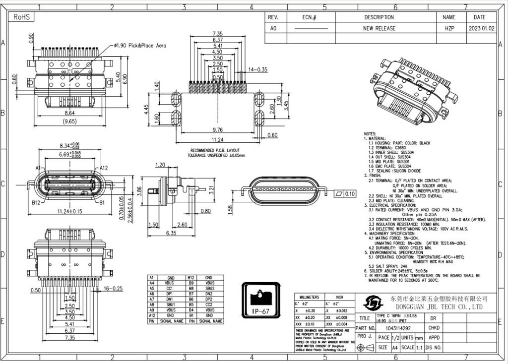 16pin USB TYPE-C Mid-Mount CONN WATERPROOF CONNECTOR – GSC-TYP-0033 drawing