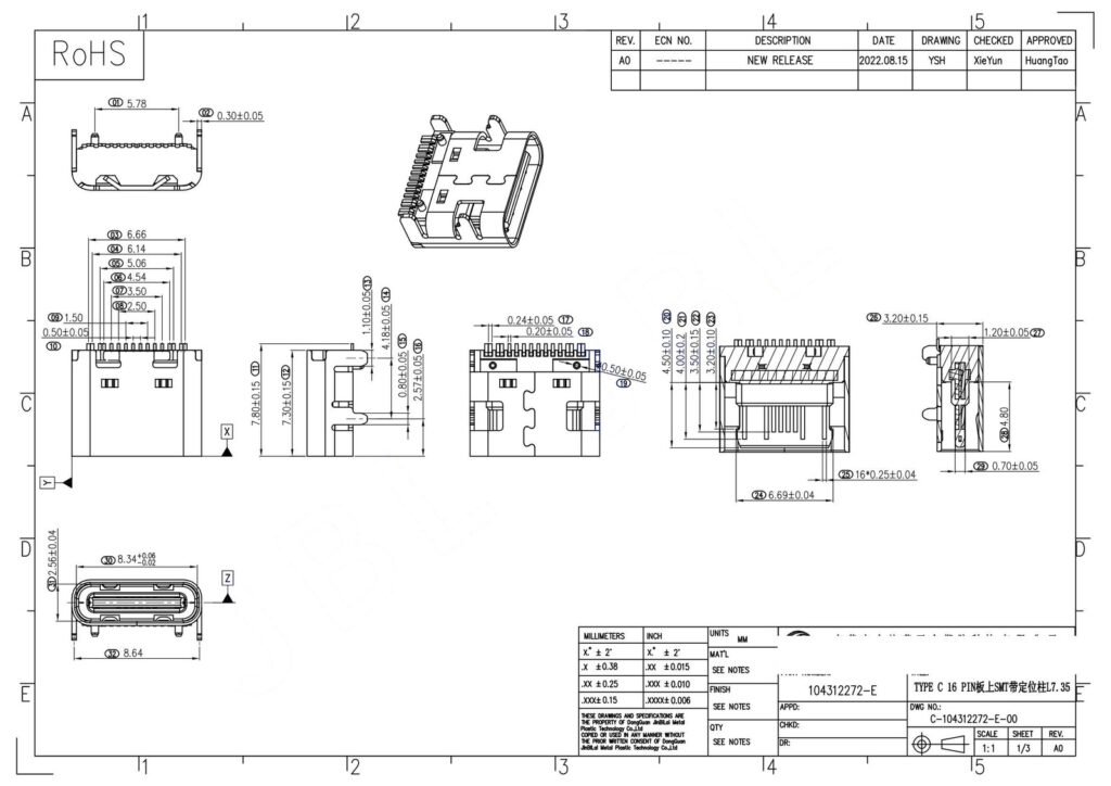 16pin USB TYPE-C FEMALE CONNECTOR WITH LOCATING PEG TOP-MOUNT – GSC-TYP-0043 drawing