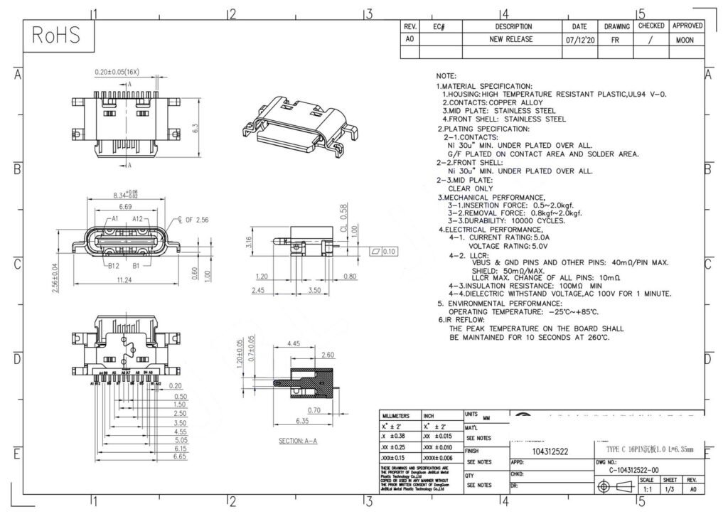 16pin USB TYPE-C MID-MOUNT CONN FEMALE CONNECTOR – GSC-TYP-0045 drawing
