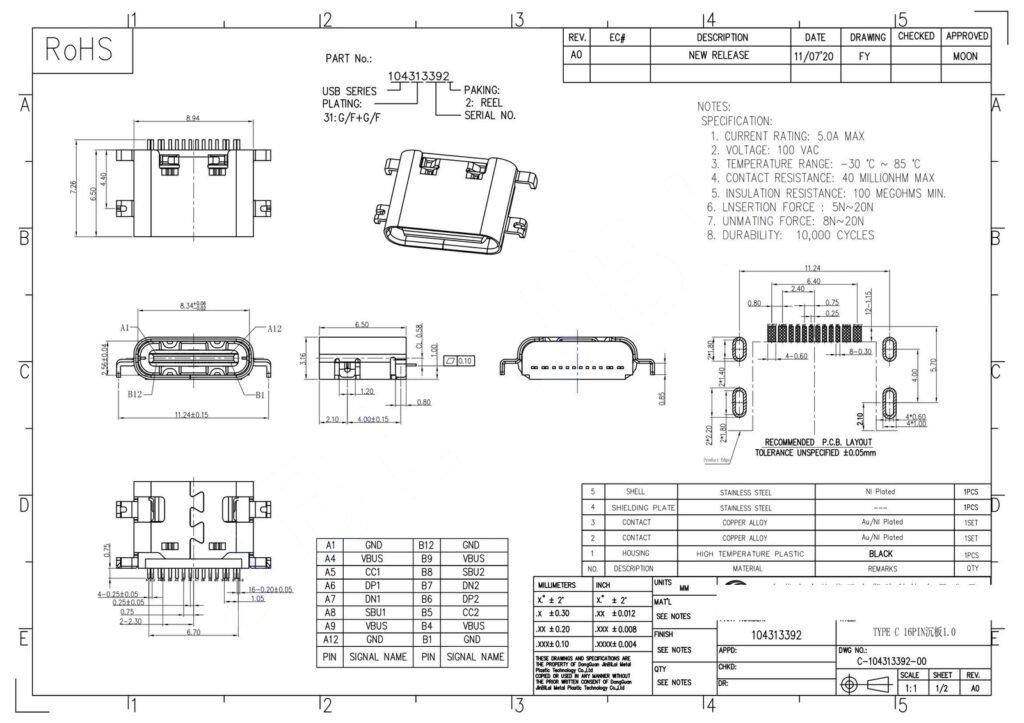 16PIN USB TYPE-C FEMALE CONENCOTR Mid-Mount CONN – GSC-TYP-0049 drawing