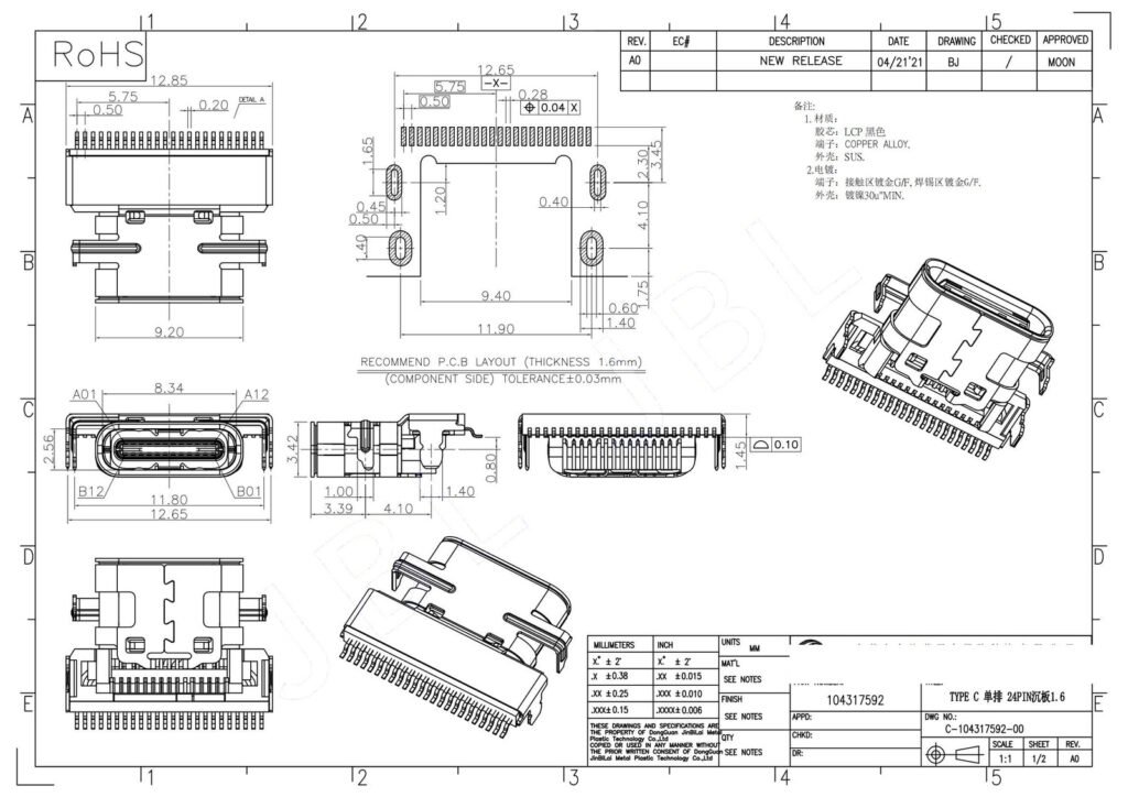 24pin USB4 GEN2*2 40Gbps type-c female connector Mid-Mount CONN – GSC-TYP-0075 drawing