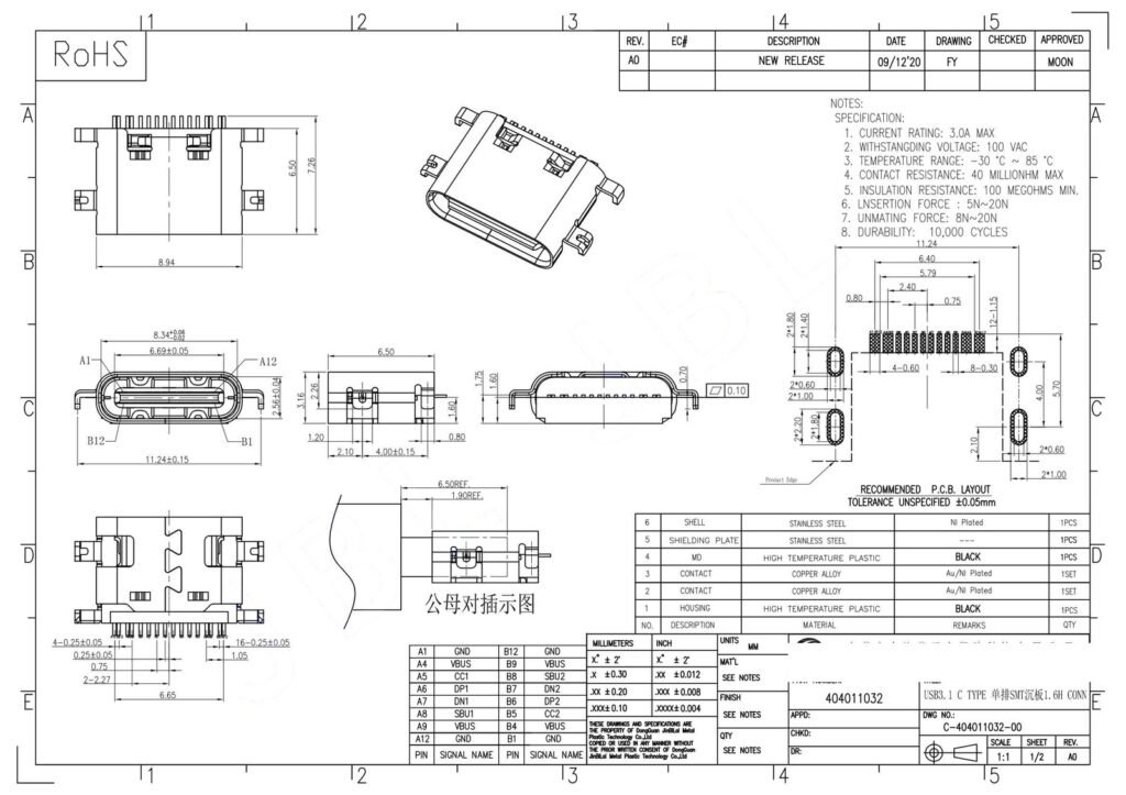 SINGLE ROW 16pin USB TYPE-C FEMALE CONNECTOR Mid-Mount CONN – GSC-TYP-0094 drawing