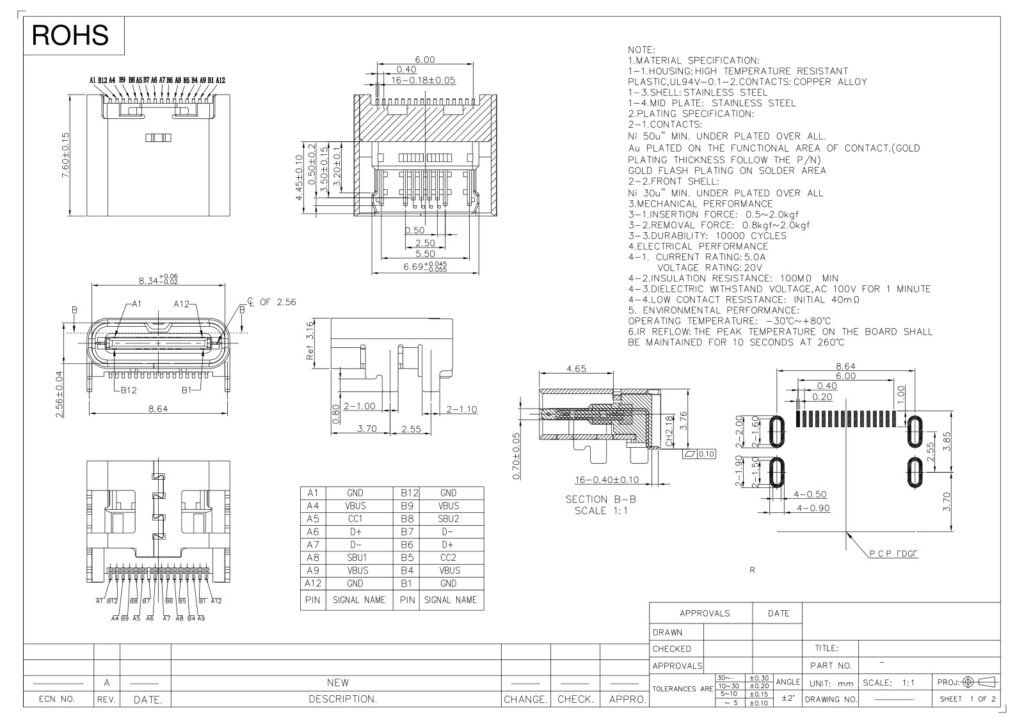 TYPE-C Socket Horizontal TYPE-C Female Connector Raised by 0.6 mm 16-Pin Interface – GSC-TYP-0098 drawing
