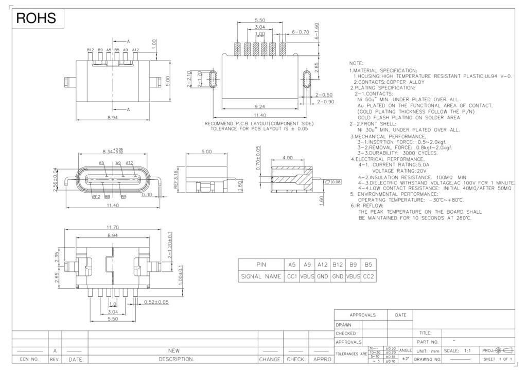 TYPE-C Socket Socketed 1.6mm TYPE-C Female Connector 6-Pin Interface – GSC-TYP-0099 drawing