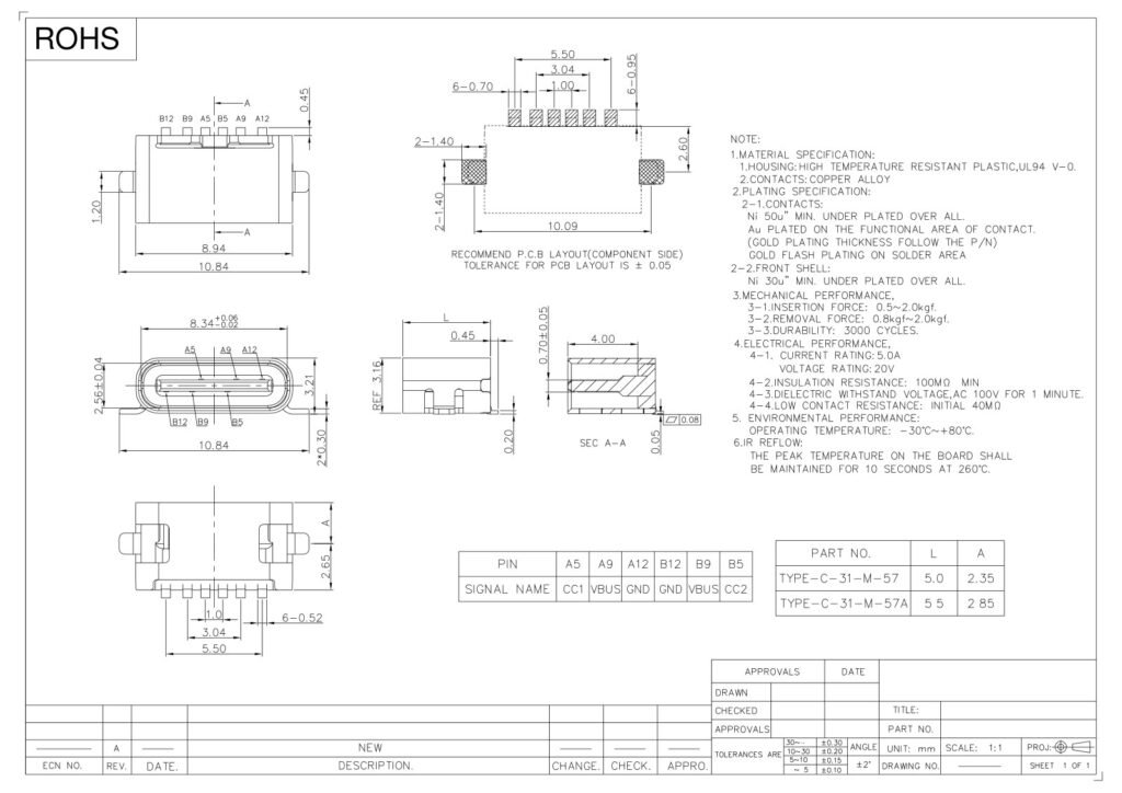 TYPE-C Socket Vertical TYPE-C Female Connector 6-Pin Interface – GSC-TYP-0100 drawing