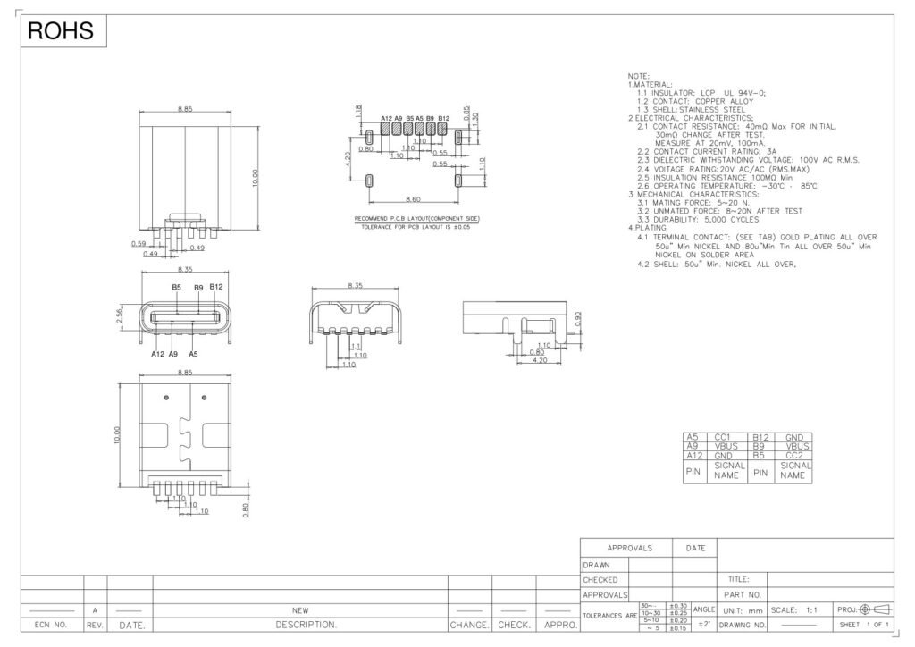TYPE-C socket TYPE-C female connector side-entry interface – GSC-TYP-0105 drawing