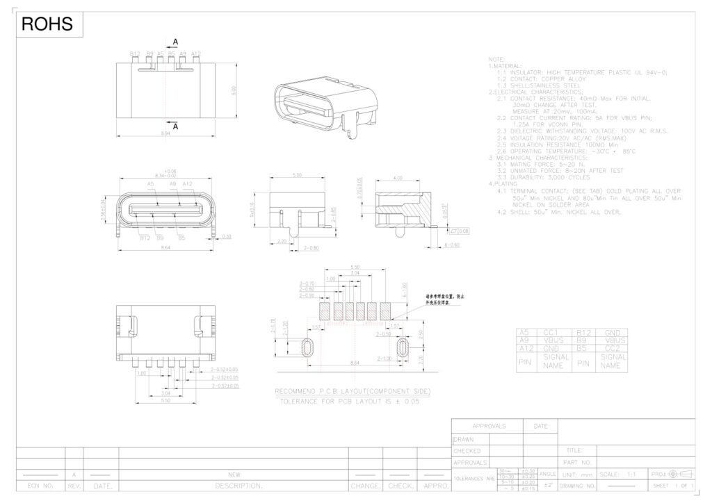 TYPE-C socket TYPE-C female connector short-body side-entry interface – GSC-TYP-0108 drawing