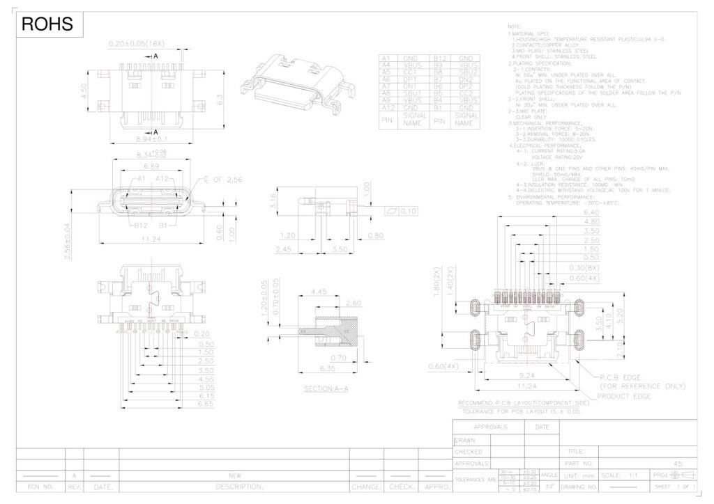 TYPE-C socket TYPE-C female connector 16-pin short-body interface – GSC-TYP-0110 drawing