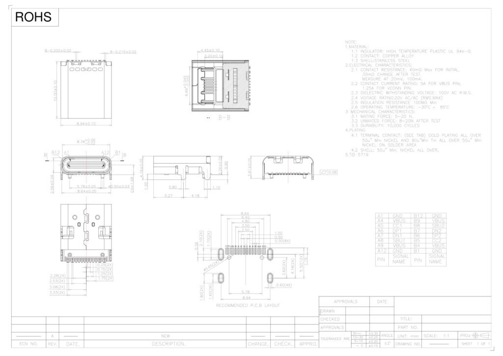 TYPE-C socket TYPE-C female connector 16-pin side-entry interface – GSC-TYP-0111 drawing