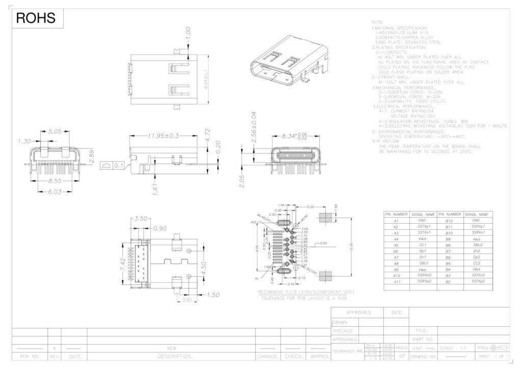 TYPE-C socket TYPE-C female connector 24-pin side-entry interface – GSC-TYP-0112 drawing