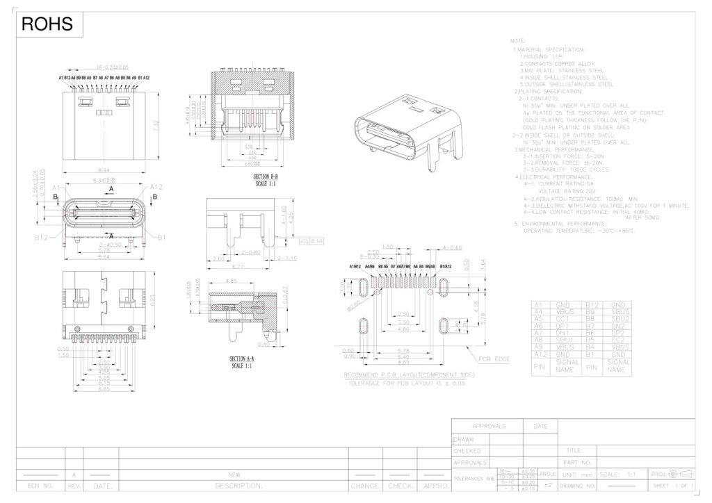 TYPE-C Socket TYPE-C Female Connector 16P / Without Spring Contact & With Spring Contact – GSC-TYP-0116 drawing