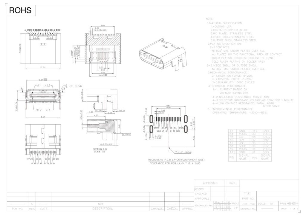 TYPE-C socket TYPE-C female connector TYPE-C 16-pin interface – GSC-TYP-0117 drawing