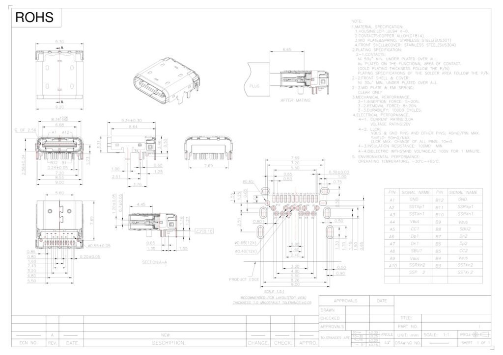 TYPE-C socket TYPE-C female connector TYPE-C 24-pin interface – GSC-TYP-0122 drawing