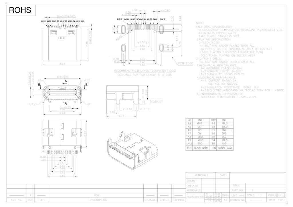 TYPE-C socket TYPE-C female connector TYPE-C interface – GSC-TYP-0125 drawing