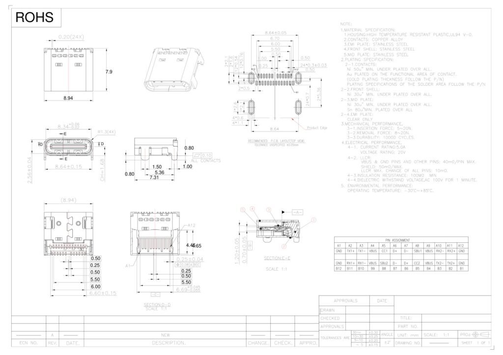 TYPE-C socket TYPE-C female connector TYPE-C interface – GSC-TYP-0126 drawing