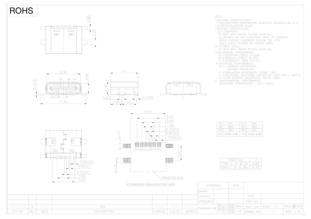 TYPE-C socket TYPE-C female connector TYPE-C interface – GSC-TYP-0127 drawing