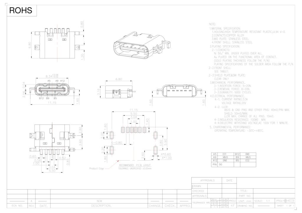 TYPE-C socket TYPE-C female connector TYPE-C interface – GSC-TYP-0128 drawing
