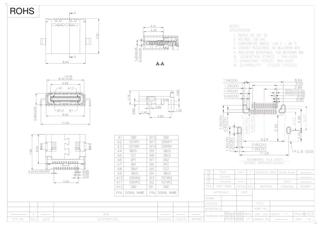 TYPE-C socket TYPE-C female connector through-hole TYPE-C interface – GSC-TYP-0129 drawing