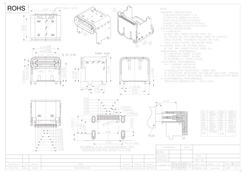 TYPE-C socket TYPE-C female connector raised‑type TYPE-C interface – GSC-TYP-0130 drawing