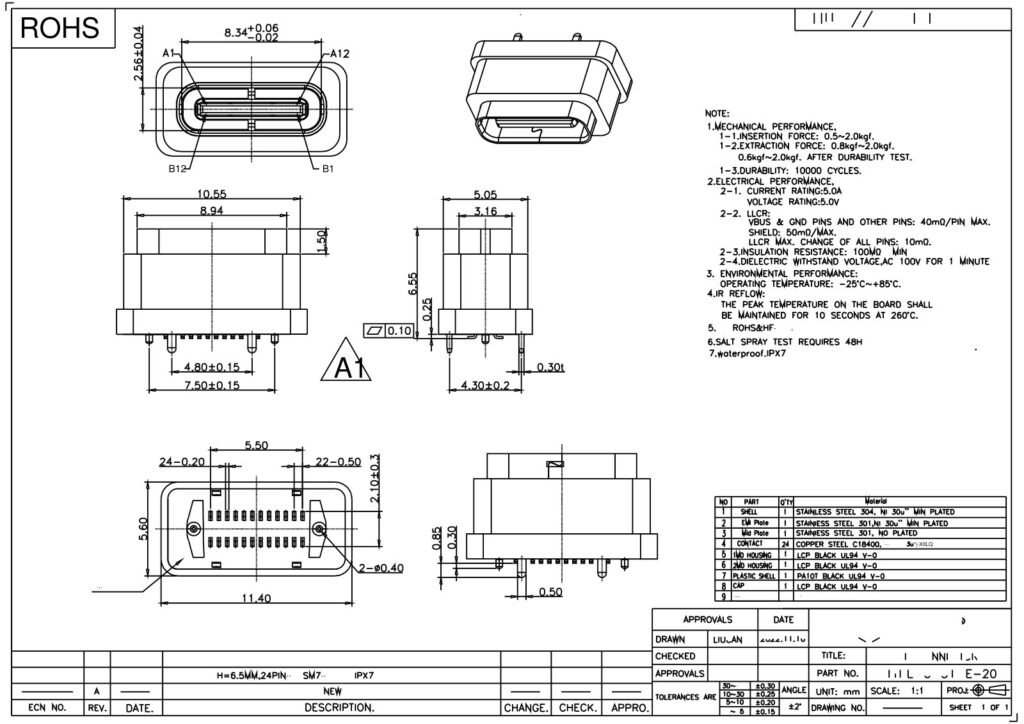 TYPE-C Socket 24P Waterproof TYPE-C Female Connector Vertical TYPE-C Interface – GSC-TYP-0143 drawing
