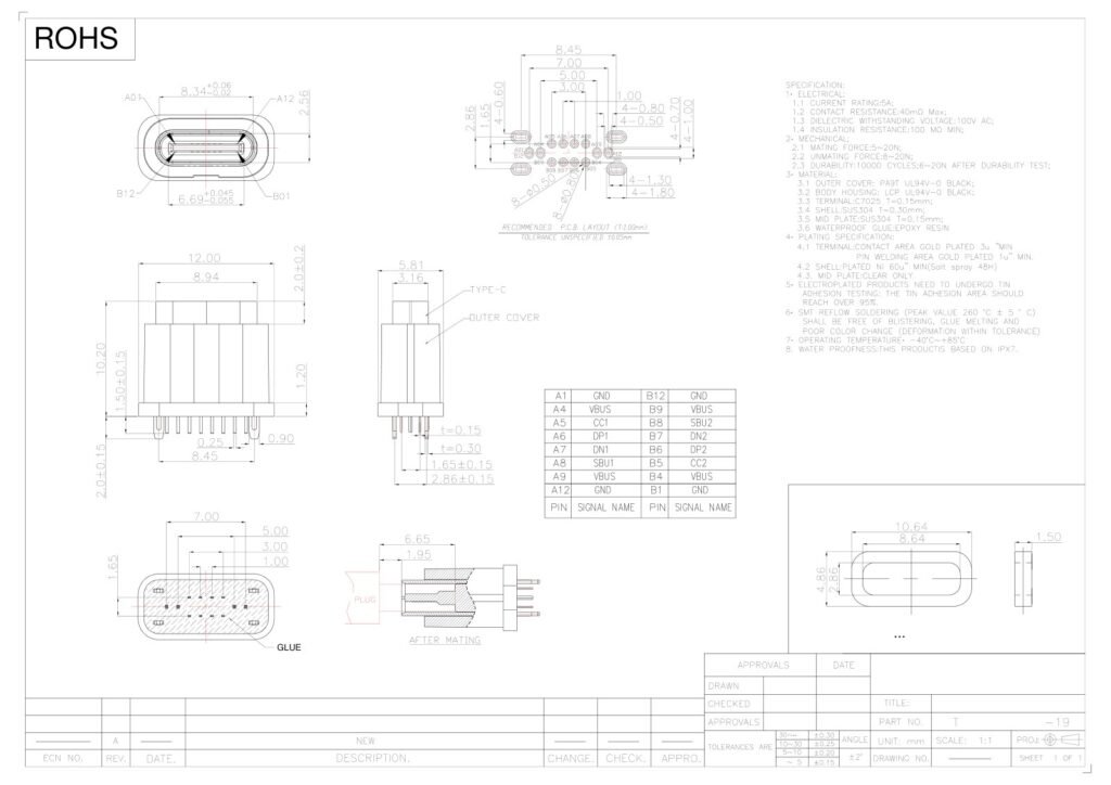TYPE-C Socket 16P Waterproof TYPE-C Female Connector Vertical TYPE-C Interface – GSC-TYP-0145 drawing