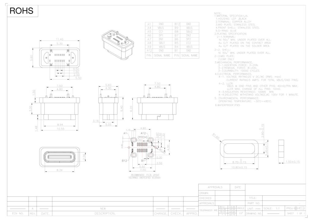 TYPE-C socket waterproof TYPE-C female connector waterproof TYPE-C interface – GSC-TYP-0157 drawing