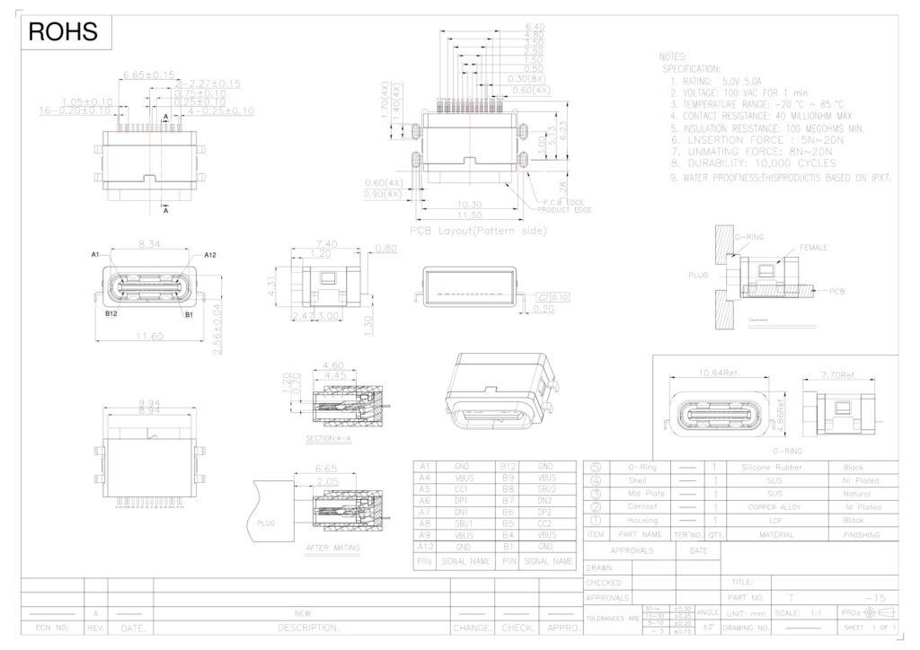 TYPE-C socket waterproof TYPE-C female connector waterproof TYPE-C interface – GSC-TYP-0168 drawing