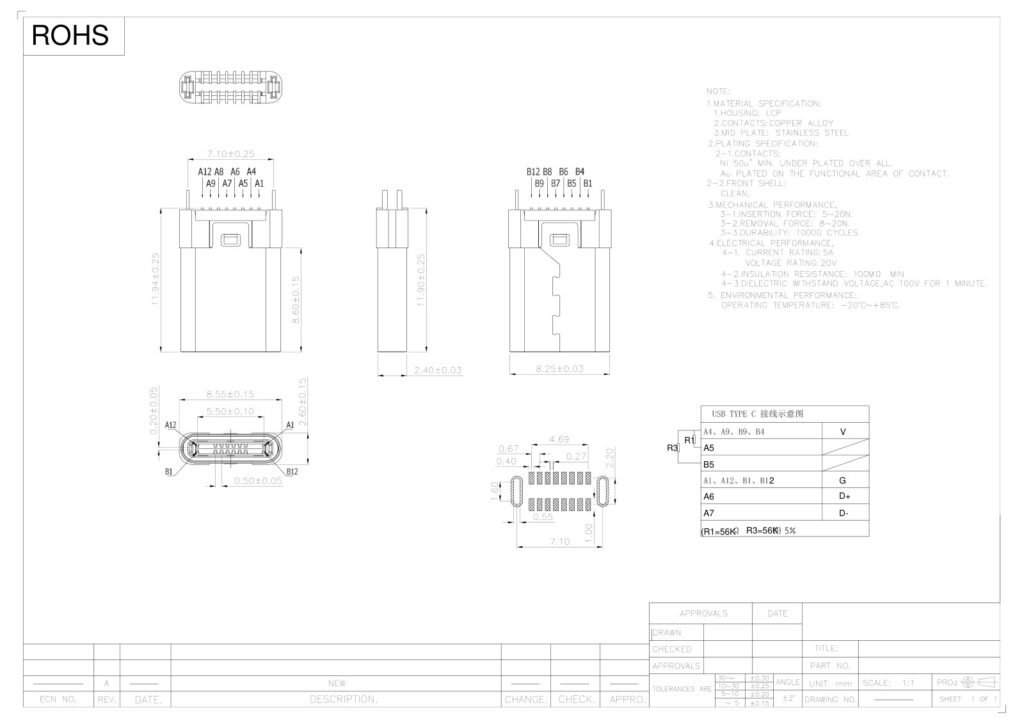TYPE-C socket TYPE-C female connector TYPE-C interface – GSC-TYP-0187 drawing