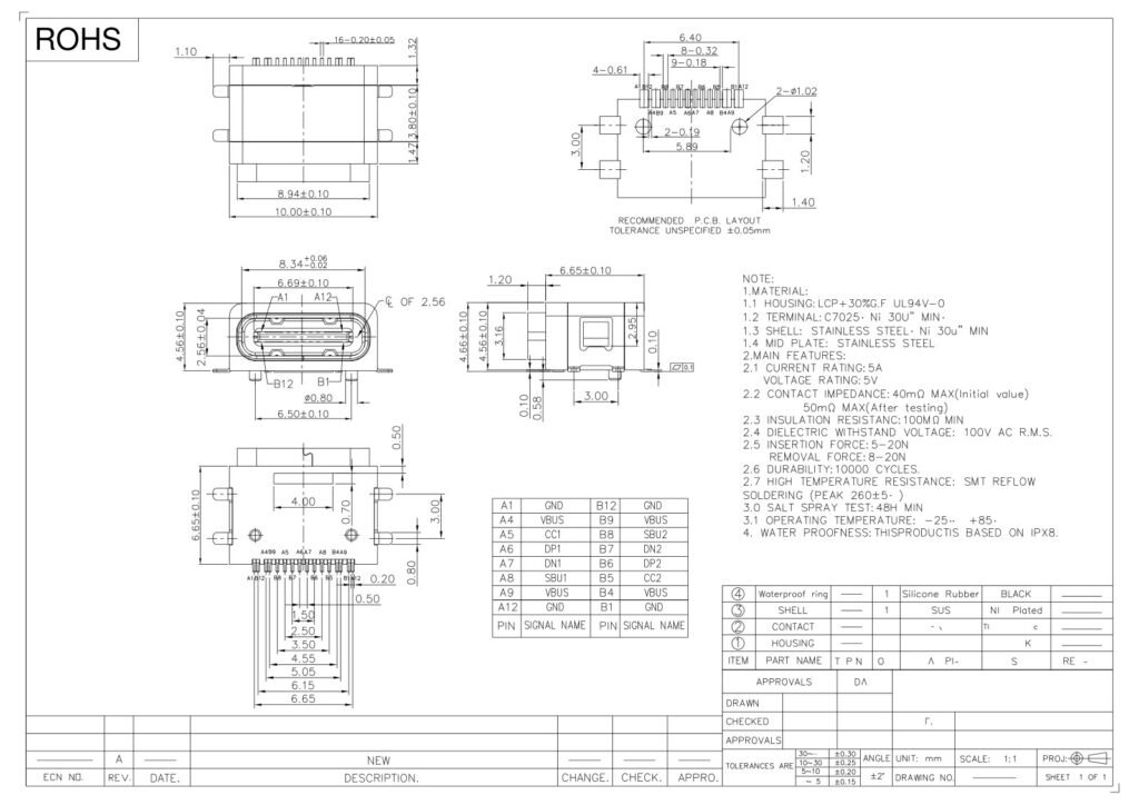 TYPE-C socket 16P waterproof TYPE-C female connector surface-mount type interface – GSC-TYP-0201 drawing