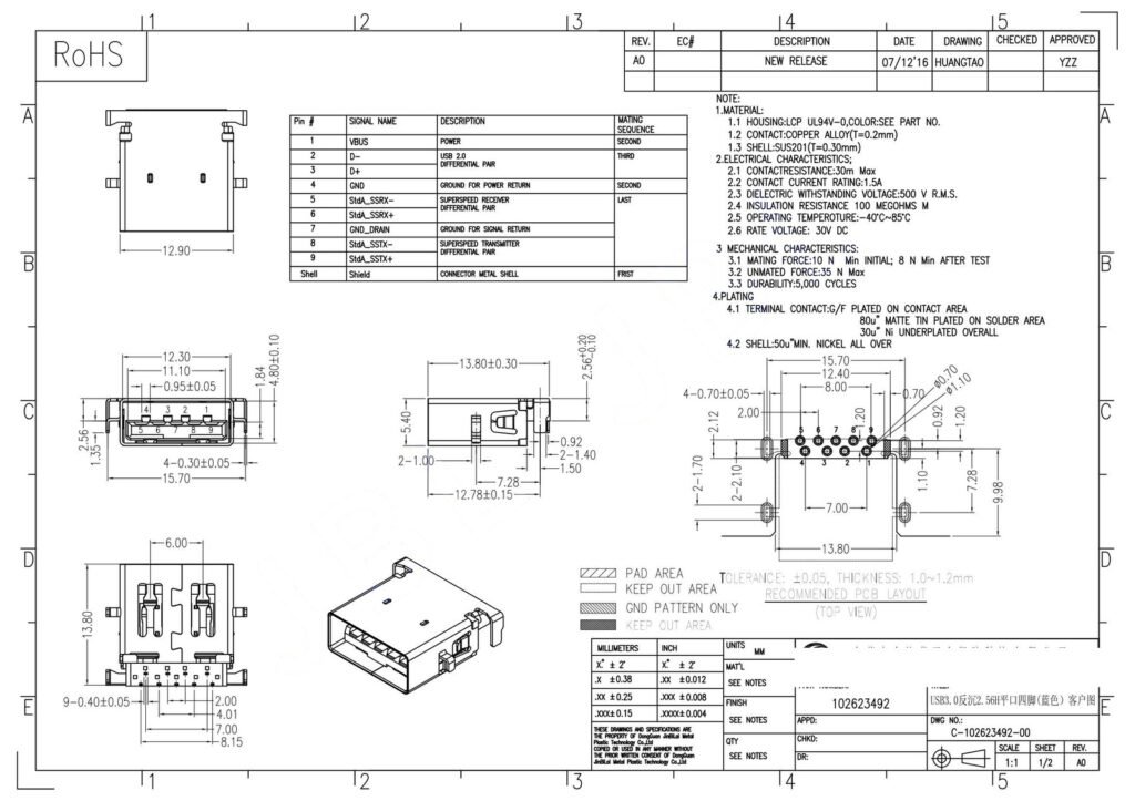 USB3.0 Reverse Mid-Mount CONN 2.56H – GSC-USA-0001 drawing