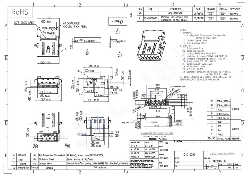 USB 3.0 SINKING1.85 DIP – GSC-USA-0005 drawing