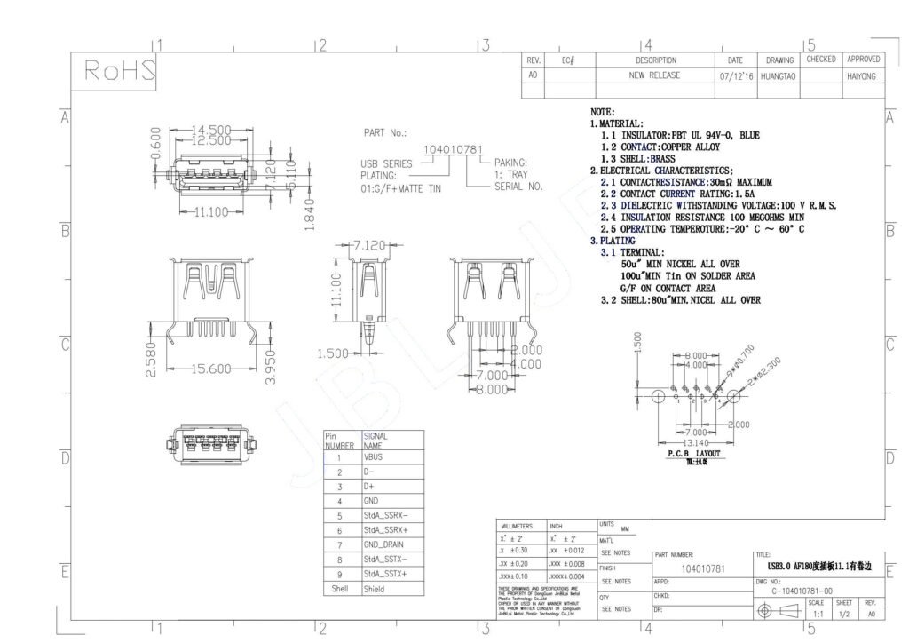 USB3.0 AF180° Plug Keyboard The solder foot is curved USB CONNECTOR SMD – GSC-USA-0007 drawing