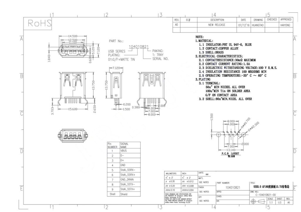 USB3.0 AF180°The solder foot is curved Vertical type USB CONNECTOR SMD – GSC-USA-0008 drawing
