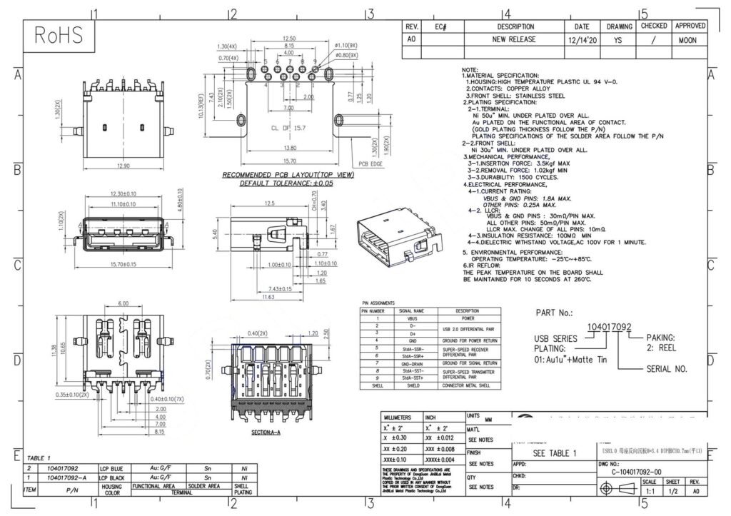 USB A 3.0 DIP PIN FEMALE CONNECTOR NEGATIVE DIRECTION Mid-Mount CONN – GSC-USA-0017 drawing