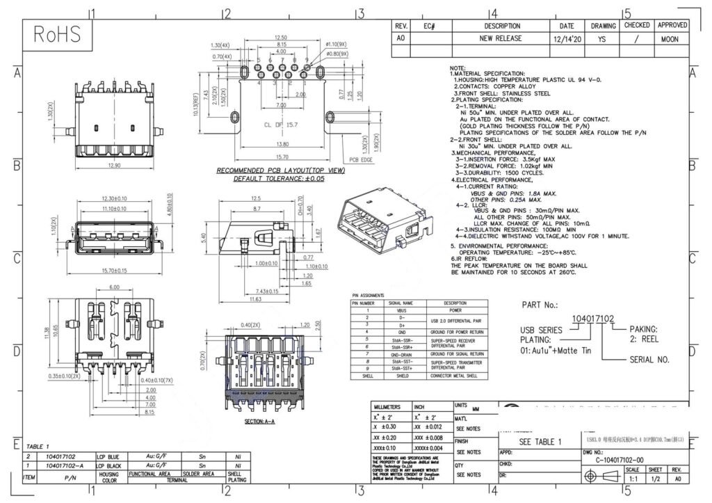 USB3.0 NEGATIVE DIRECTION FEMALE CONNECTOR Mid-Mount CONN – GSC-USA-0018 drawing