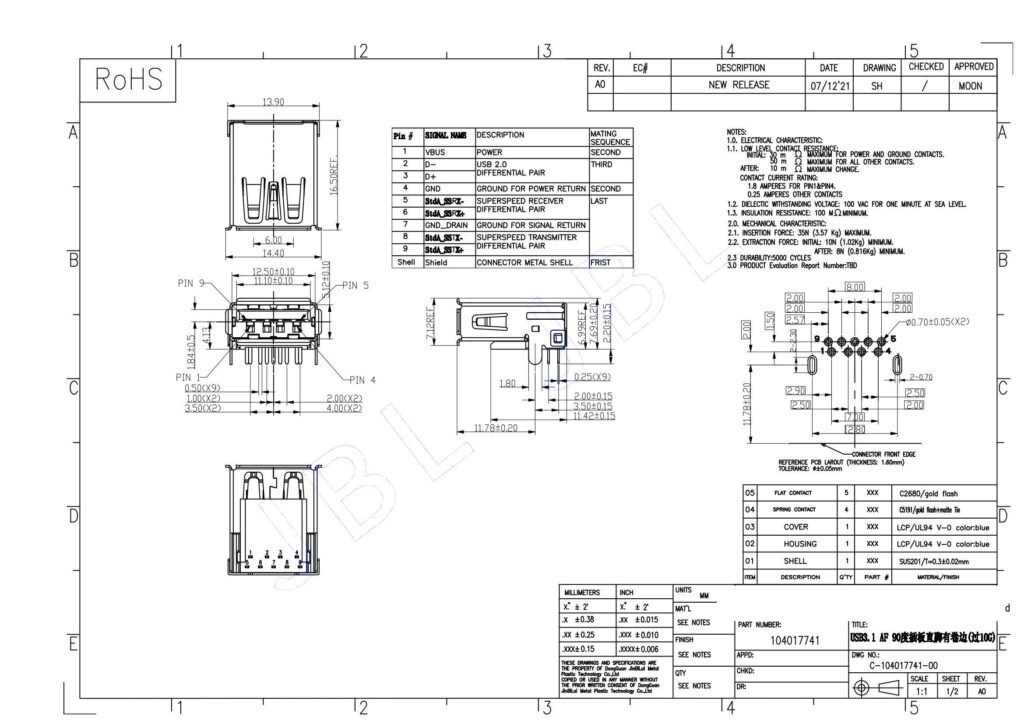 USB A 3.1 gen2 10Gbps female connector bending the edge smt – GSC-USA-0020 drawing
