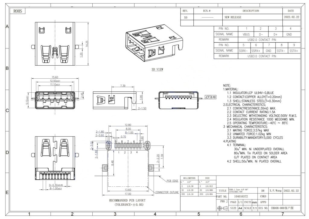 USB 3.1 Type-A Female 90° Mid-Mount SMT Connector 2.45H – 104016372 drawing
